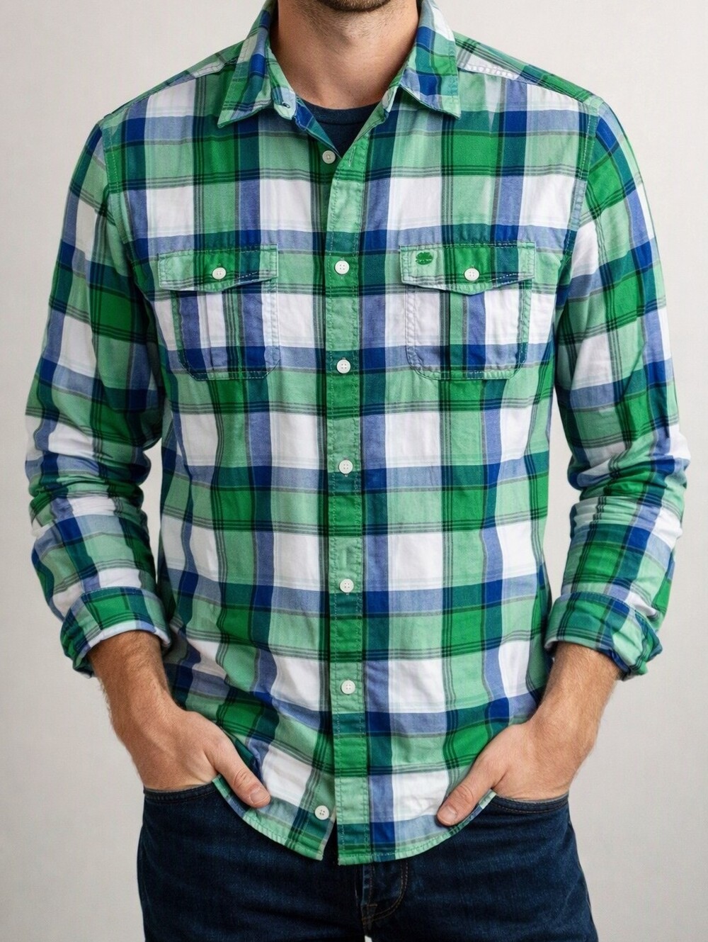 VTG  Mens Timberland Preppy Cabincore Green & Blue Plaid Long-Sleeve Shirt. L